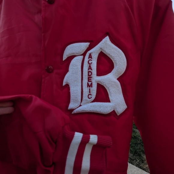 Vintage Holloway Varsity Letterman Jacket Red Nylon Academic Patch Mens Medium - Picture 4 of 4